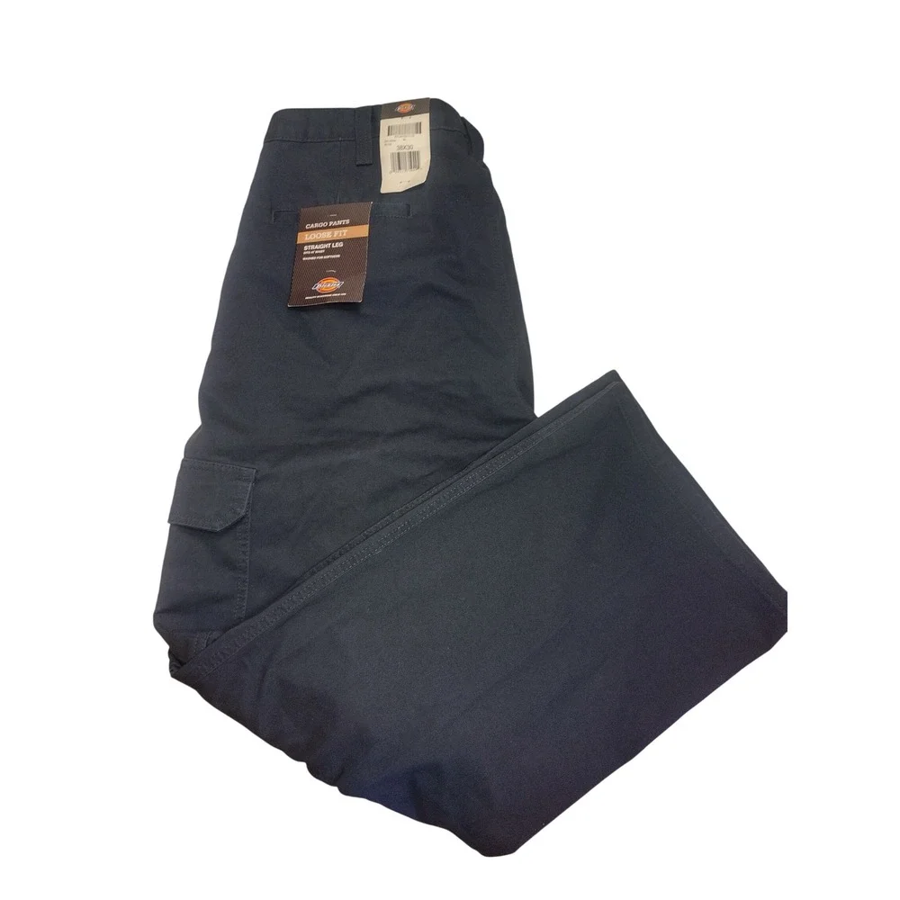 Dickies Mens 38x30 Loose Fit Cargo Pants Navy Blue Straight Leg Cotton 23214RDN